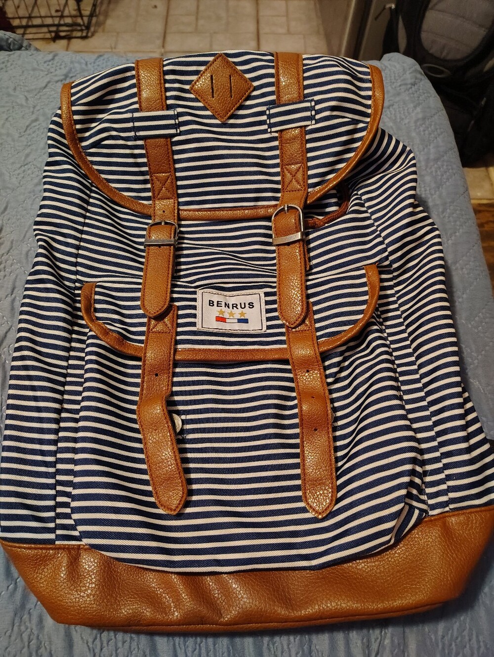 Navy Stripe Canvas Backpack with Brown Trim